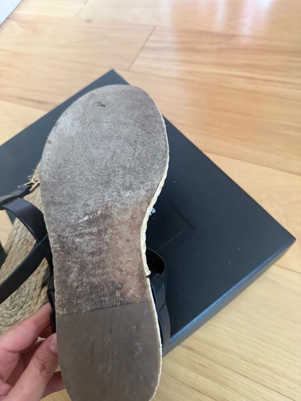 Saint Laurent Black Leather Espadrille Thong Sandals with Gold YSL Logo - Picture 5 of 7